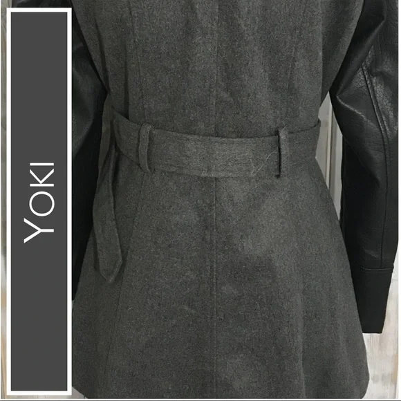 Yoki Mid-Length Coat Charcoal Body & Belt, Black Leather Sleeves Size XL NWT - Picture 4 of 7